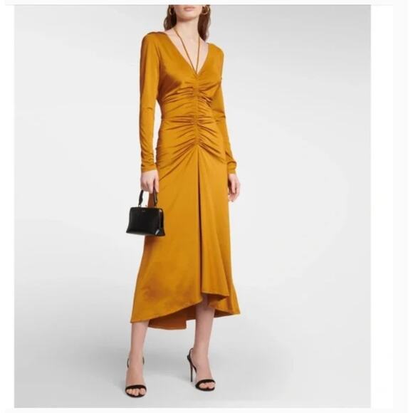 Veronica Beard Gilbert Midi Dress 8 NWOT Mustard Yellow Long Sleeve Ruch Glam - Picture 1 of 6